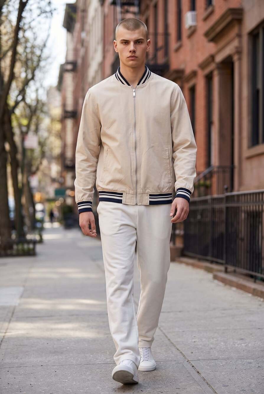 Denim & Flower Bomber Jacket Cream Cotton Striped Ribbed Trim Zip Up